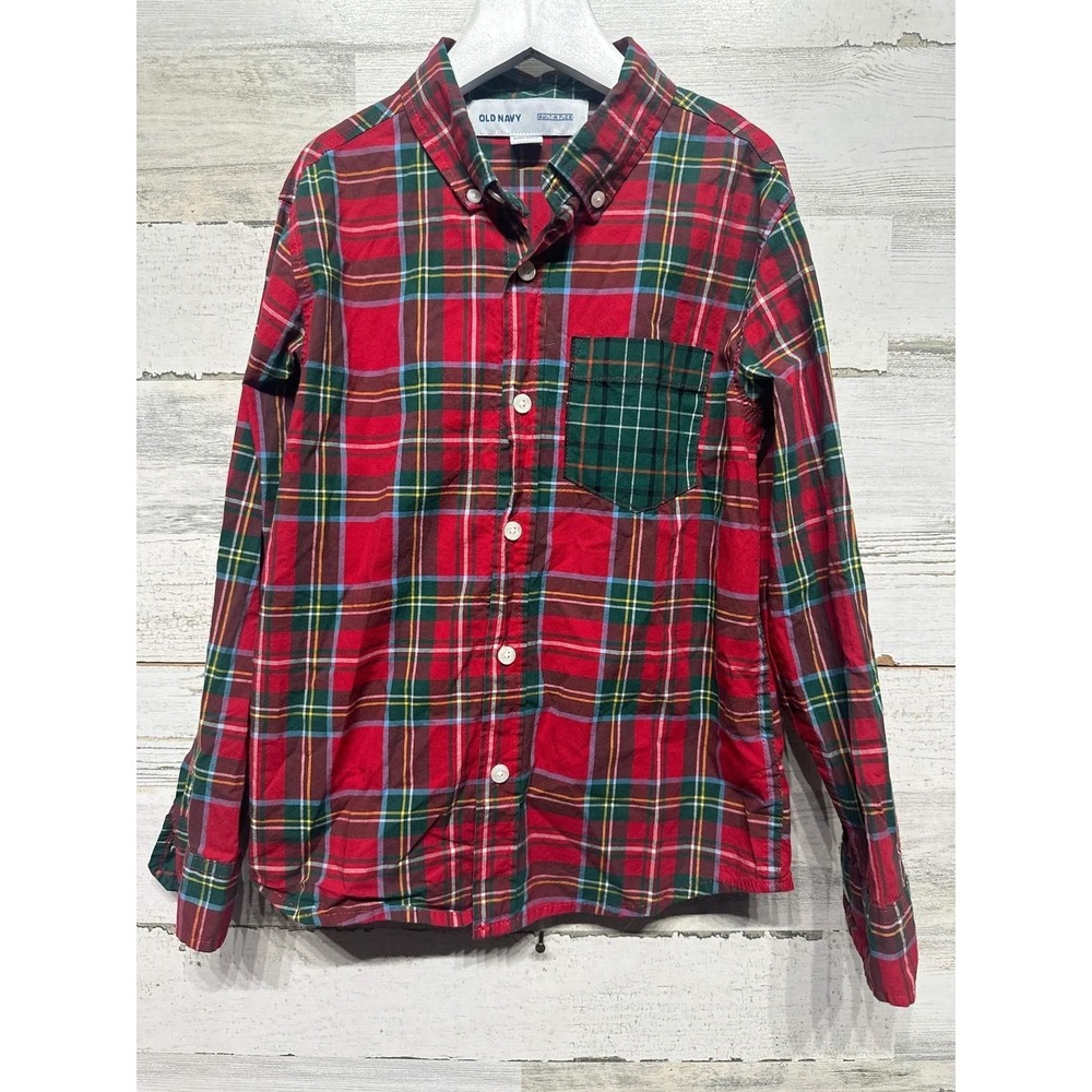 Old Navy Button Up Shirt Boys Size M 8 Red Holiday Plaid Built-in Flex EUC